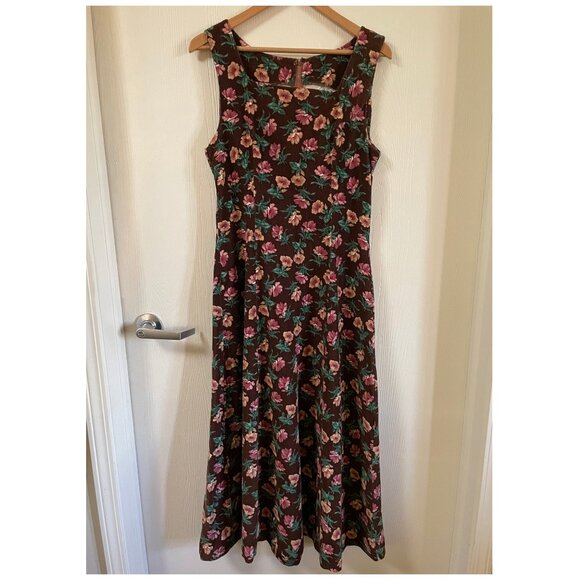 Vintage Dresses & Skirts - Vintage Cottagecore Brown Floral Corduroy Sleeveless Midi Dress | Large